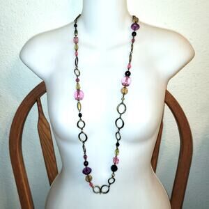 Lia Sophia Ole Strand Pink Faceted Beaded Bronze Chain Metal Rings Necklace Y2K